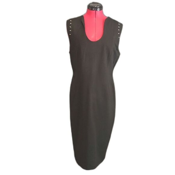 T Tahari Dress Women's Size 12 Elegant Black Midi Dress with Gold Stud Accents - Picture 1 of 9